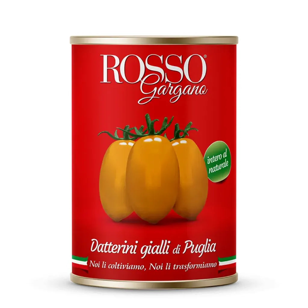 Confezione orientativa di pomodori datterini gialli del consorzio Rosso Gargano, Foggia (Puglia), Italia