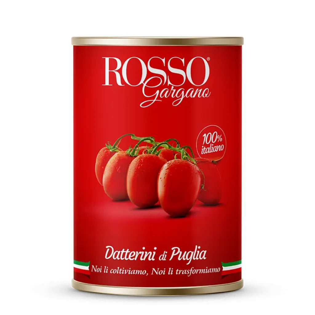 Confezione orientativa di pomodori datterini rossi del consorzio Rosso Gargano, Foggia (Puglia), Italia