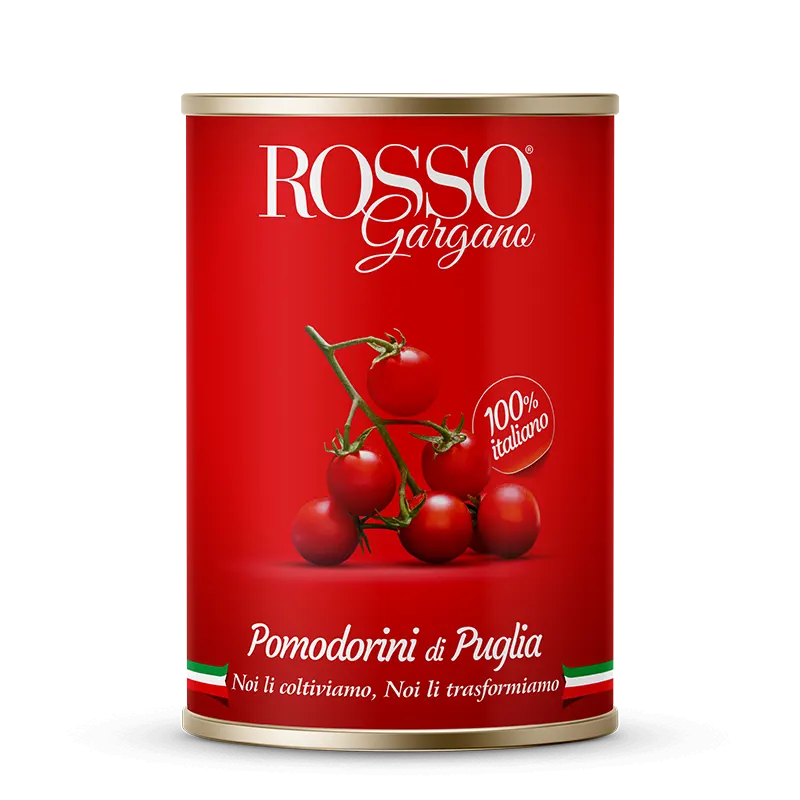 Confezione orientativa di pomodorini di Puglia del consorzio Rosso Gargano, Foggia (Puglia), Italia