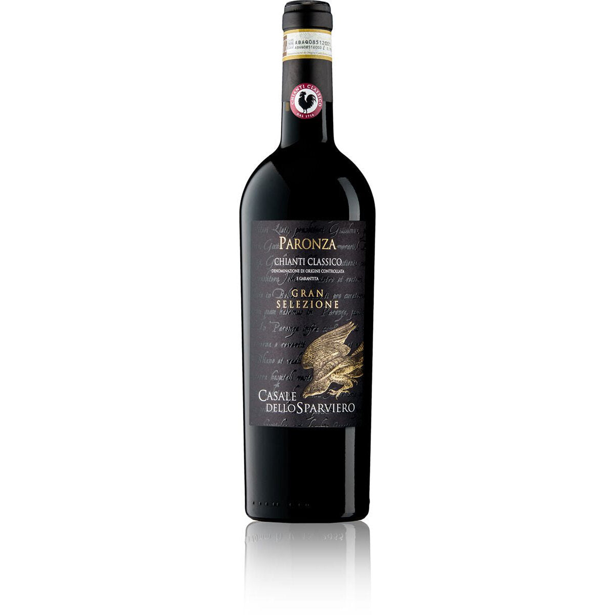 Bottiglia di Chianti classico DOCG Gran selezione Paronza, vino rosso italiano della regione Tuscany; Chianti di Casale dello sparviero