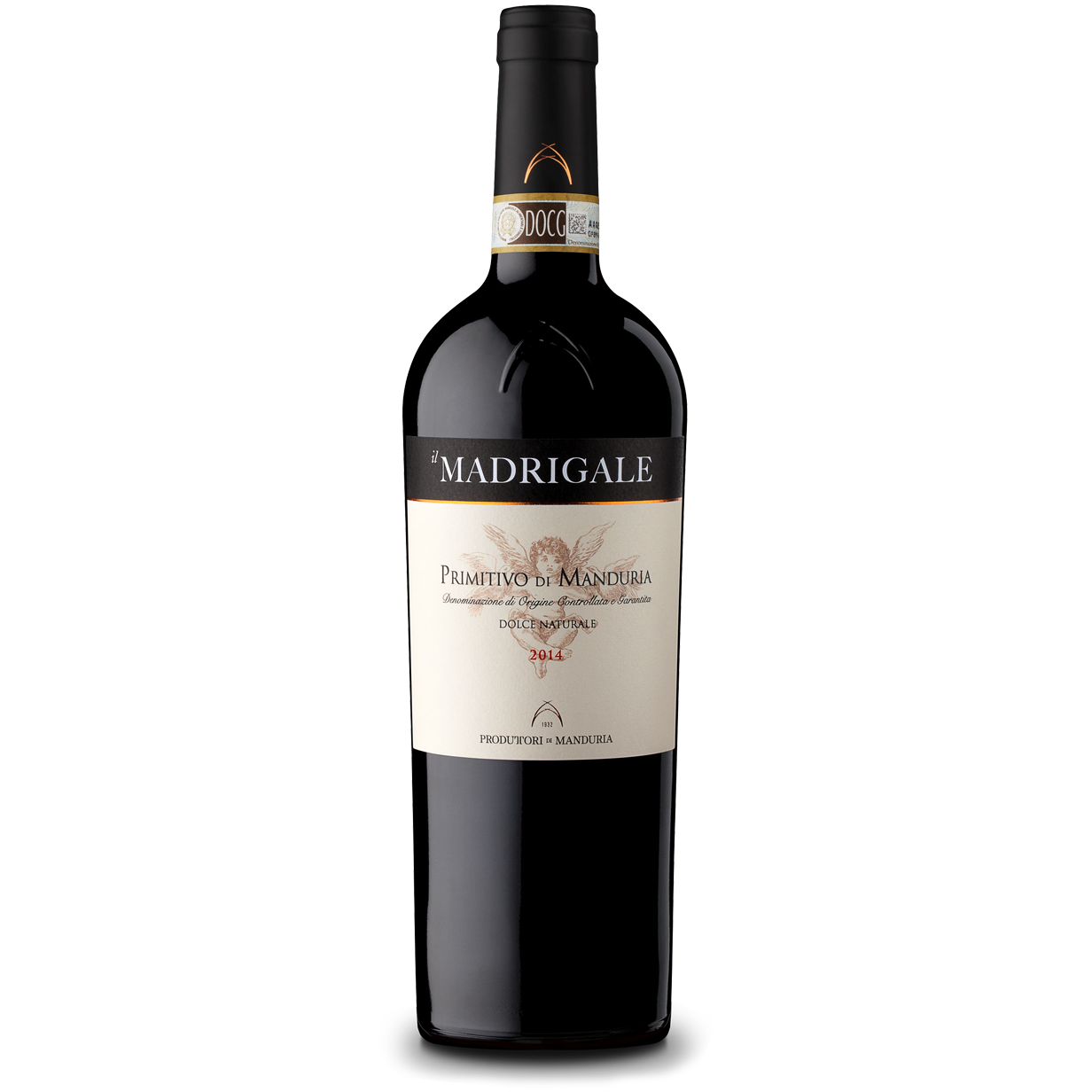 Bottiglia di Madrigale Primitivo di Manduria DOCG, vino rosso italiano della regione Puglia di Produttori di Manduria