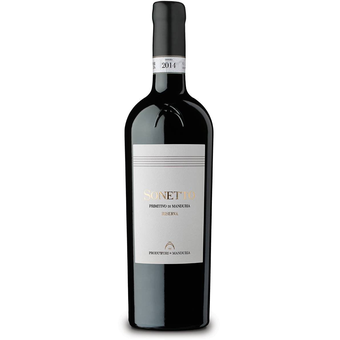 Bottiglia di Sonetto Primitivo di Manduria DOC Riserva, vino rosso italiano della regione Puglia di Produttori di Manduria