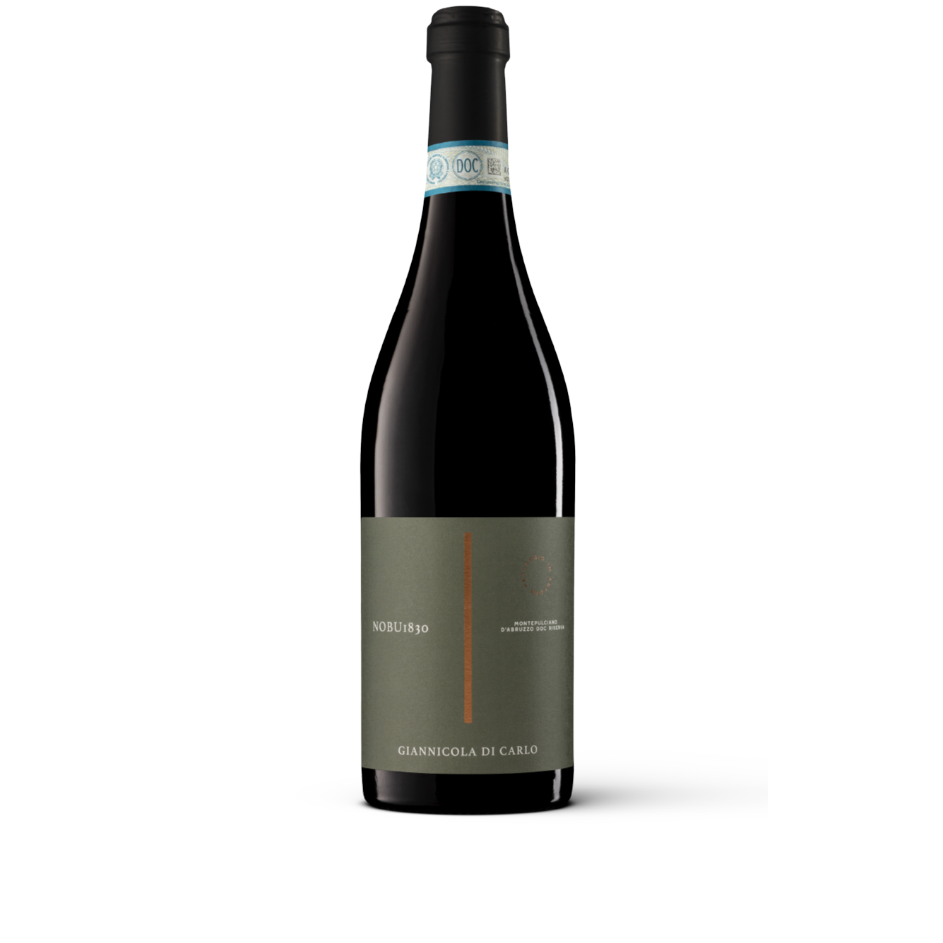 Bottiglia di Nobu 1830 Montepulciano d'Abruzzo DOC Riserva, vino rosso italiano della regione Abruzzo di Fam. Di Carlo