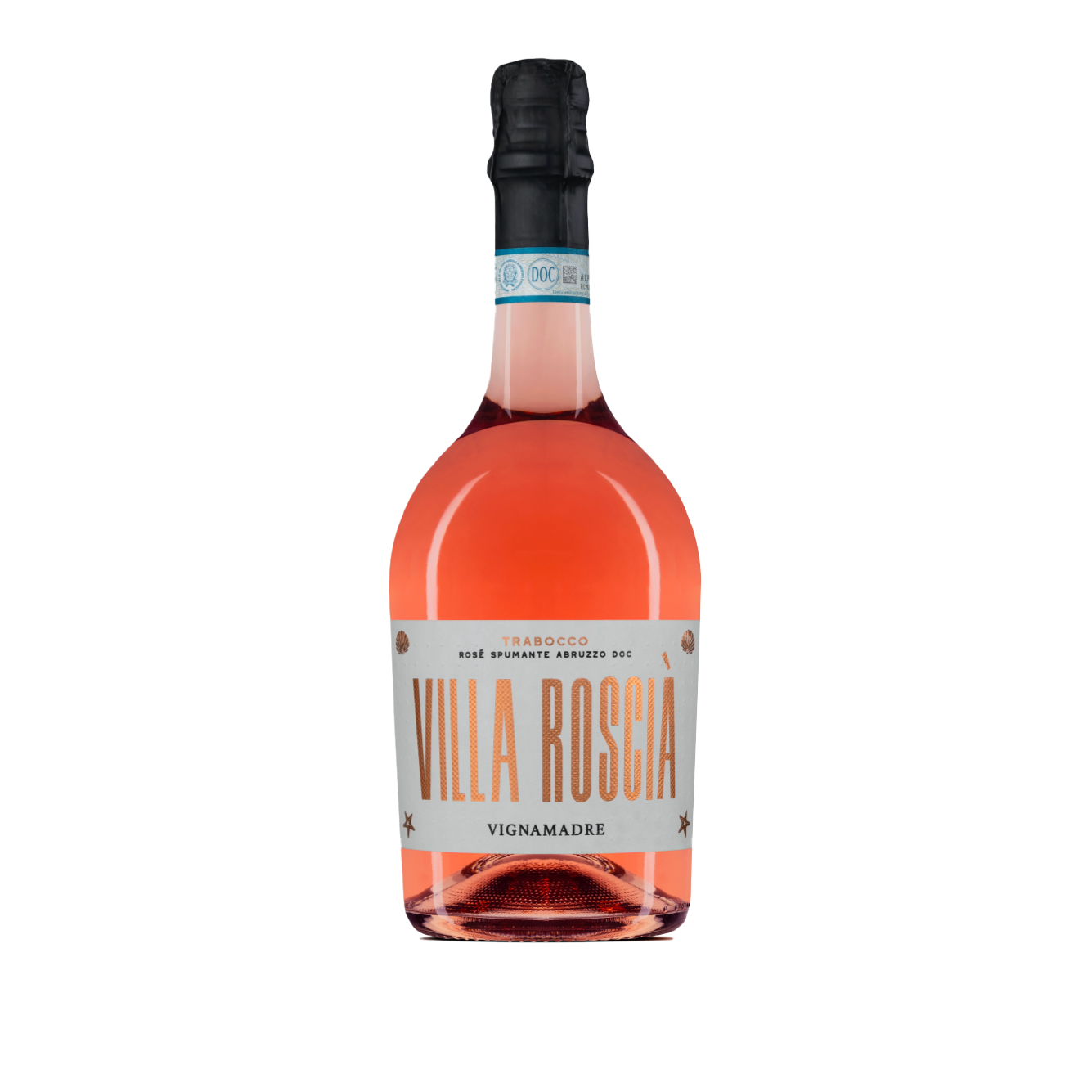 Bottiglia di Spumante Brut Rosè Trabocco DOC, vino rosato italiano della regione Abruzzo di Fam. Di Carlo