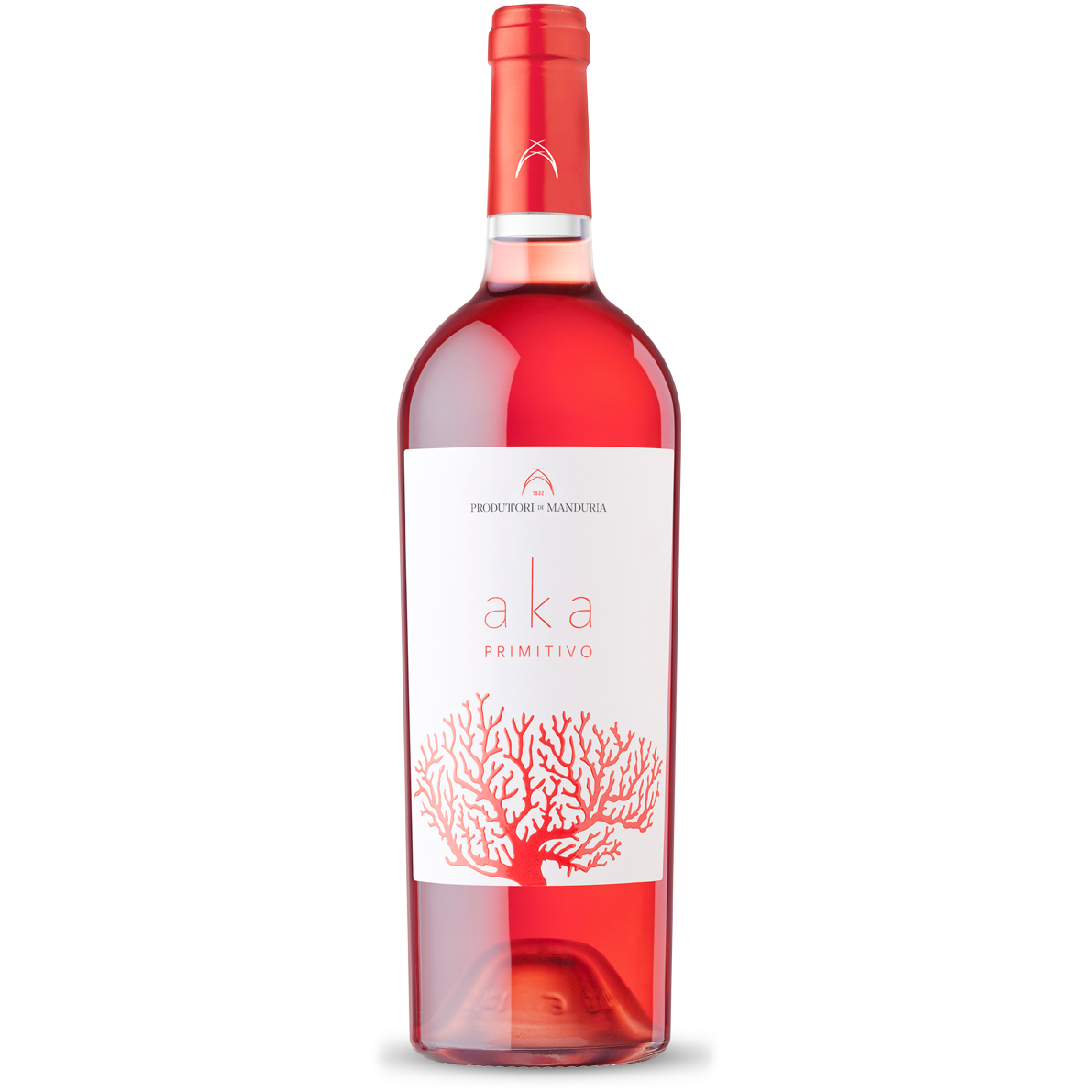 Bottiglia di Aka Salento IGT Primitivo rosato, vino rosato italiano della regione Puglia di Produttori di Manduria