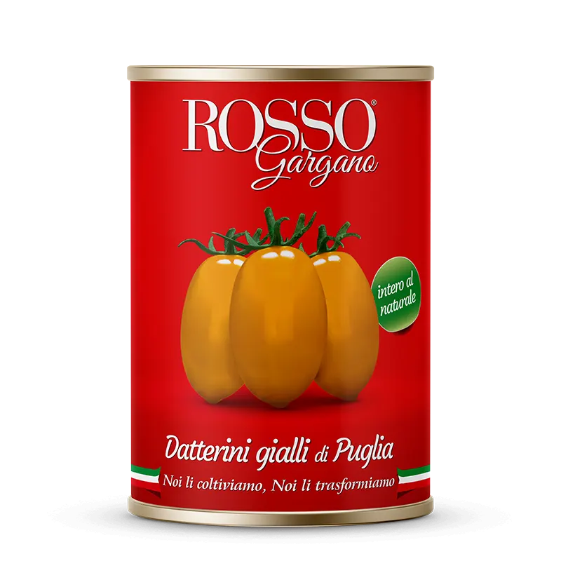 Confezione orientativa di pomodori datterini gialli del consorzio Rosso Gargano, Foggia (Puglia), Italia