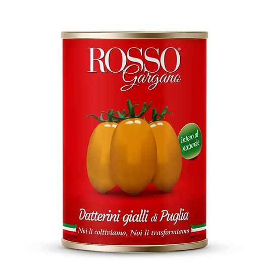 Confezione orientativa di pomodori datterini gialli del consorzio Rosso Gargano, Foggia (Puglia), Italia