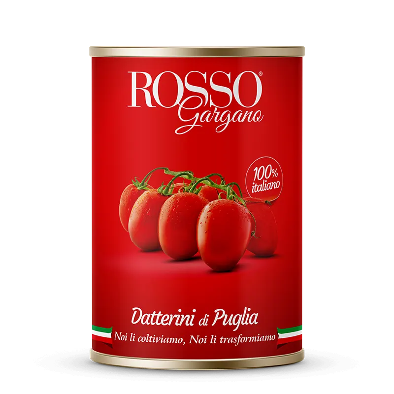 Confezione orientativa di pomodori datterini rossi del consorzio Rosso Gargano, Foggia (Puglia), Italia