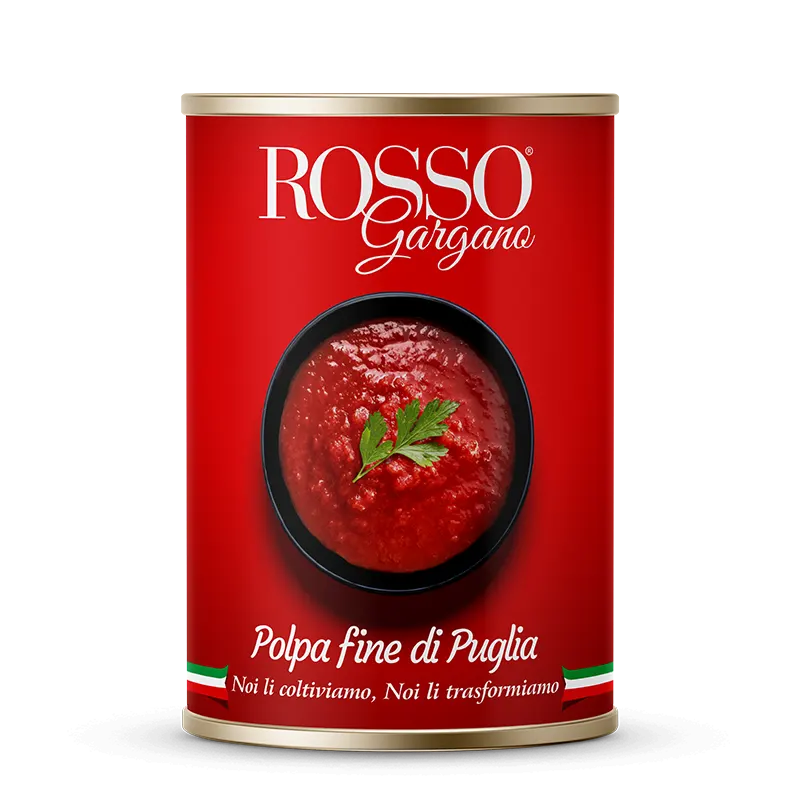 Confezione orientativa di polpa fine di pomodoro di Puglia del consorzio Rosso Gargano, Foggia (Puglia), Italia