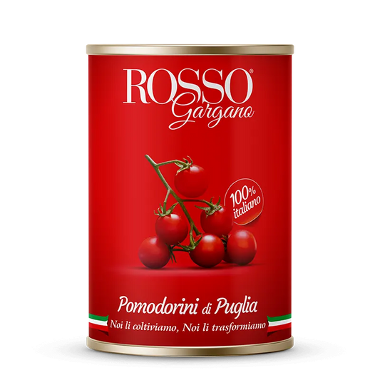 Confezione orientativa di pomodorini di Puglia del consorzio Rosso Gargano, Foggia (Puglia), Italia