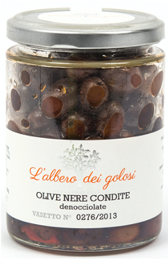 Confezione orientativa di Olive nere denocciolate de l'Albero dei golosi, Italia
